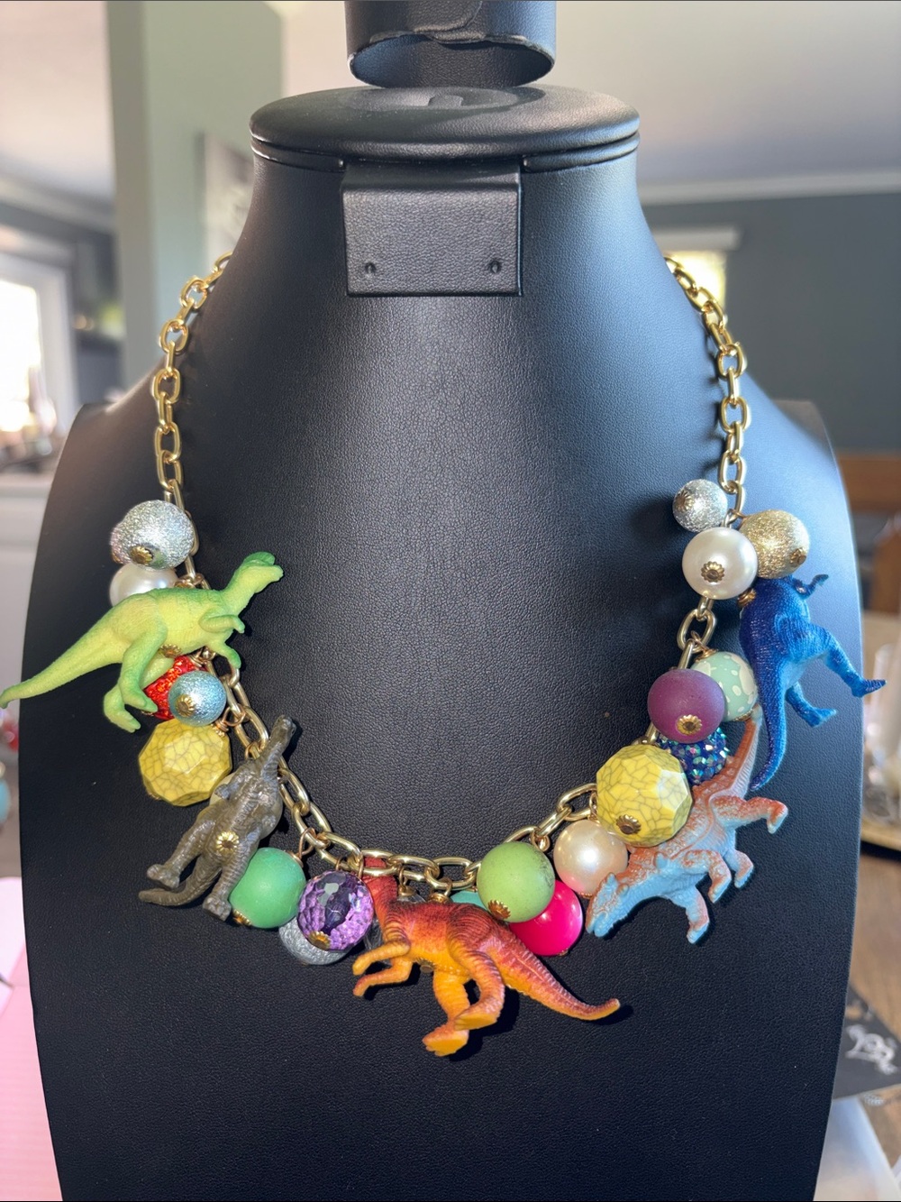Lenora Dame Dinosaur Charm Statement Necklace  Whimsical Designer Collector PCS